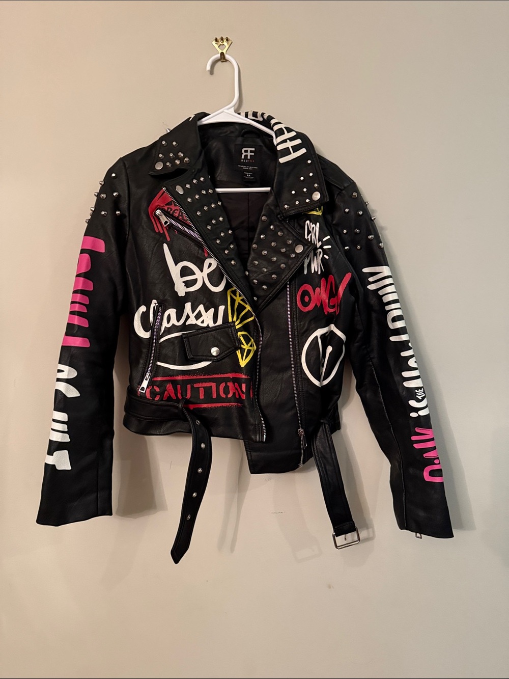 Black Studded Graffiti Leather Moto Jacket - Women's